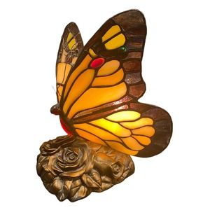 Stained Glass Butterfly Lamp Tiffany Style Table Lamp Night 2 Mode Light Orange